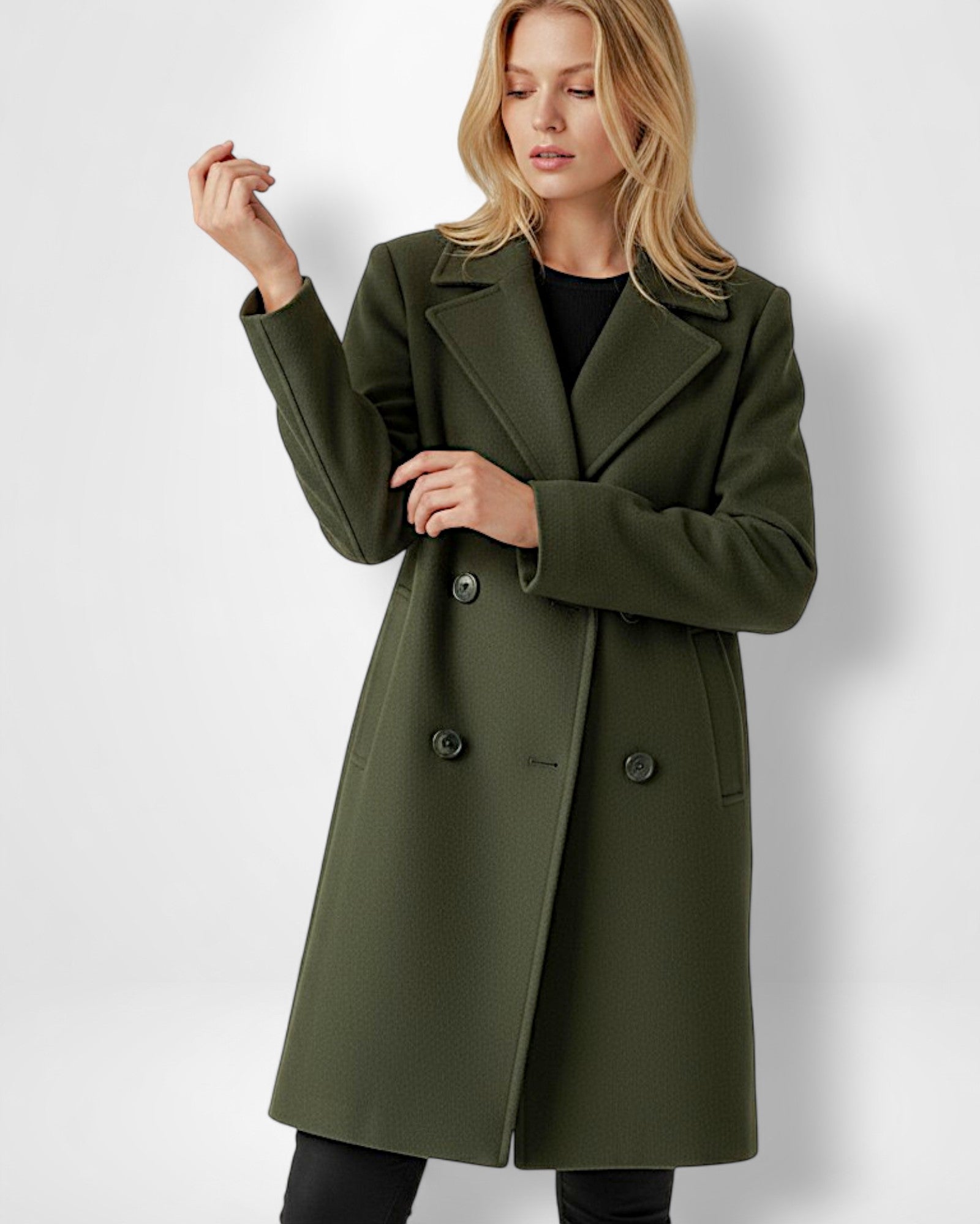 Knielanger Mantel für Damen mit Reverskragen und vier schwarzen Knöpfen