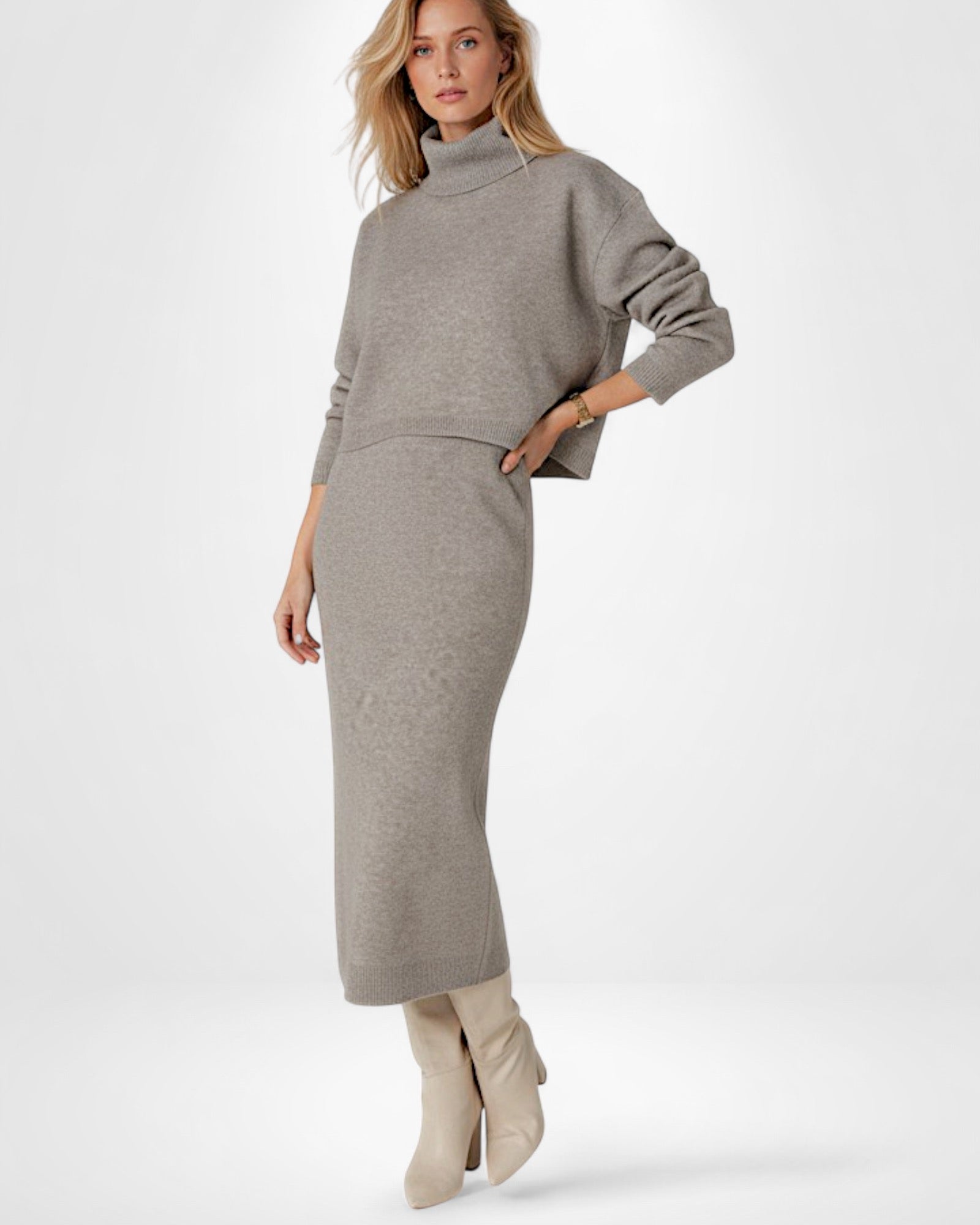 Ärmelloses Maxi Strickkleid mit Cropped Rollkragenpullover | Strickset für Damen