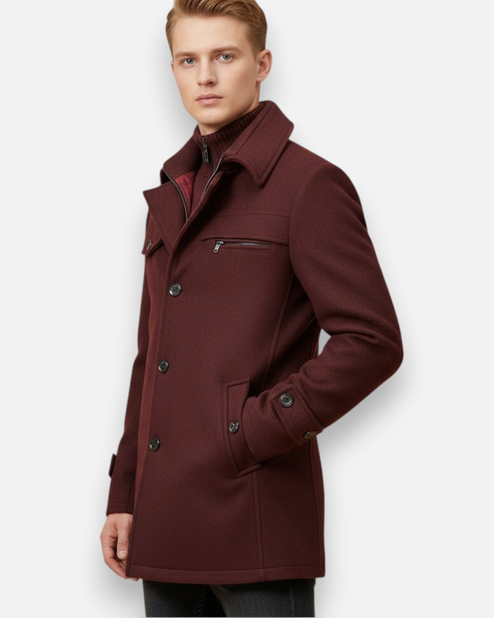 Gefütterte City-Winterjacke für Herren im Mantel-Look mit hohem Reißverschlusskragen