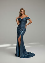 Schulterfreies bodenlanges Pailletten Abendkleid