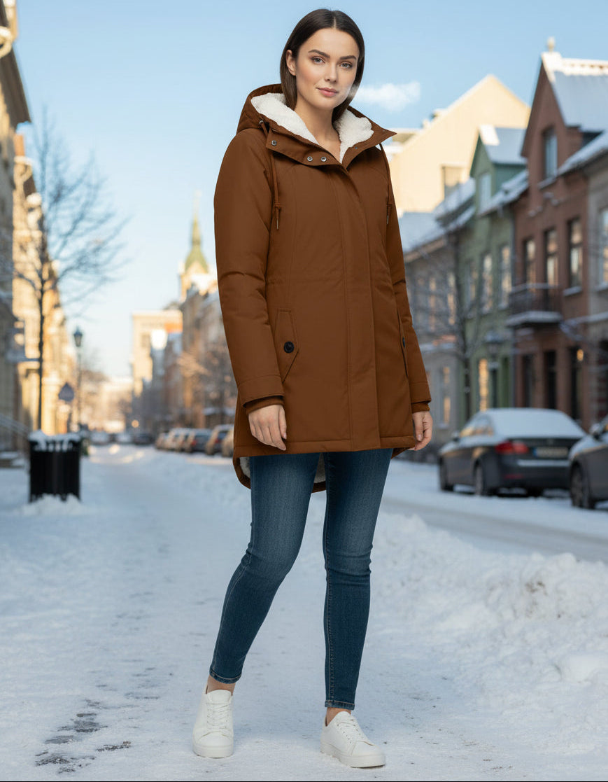 Frau in voller Länge mit brauner Winterjacke mit Kapuze und weichem Futter an einem sonnigen Wintertag in der Stadt