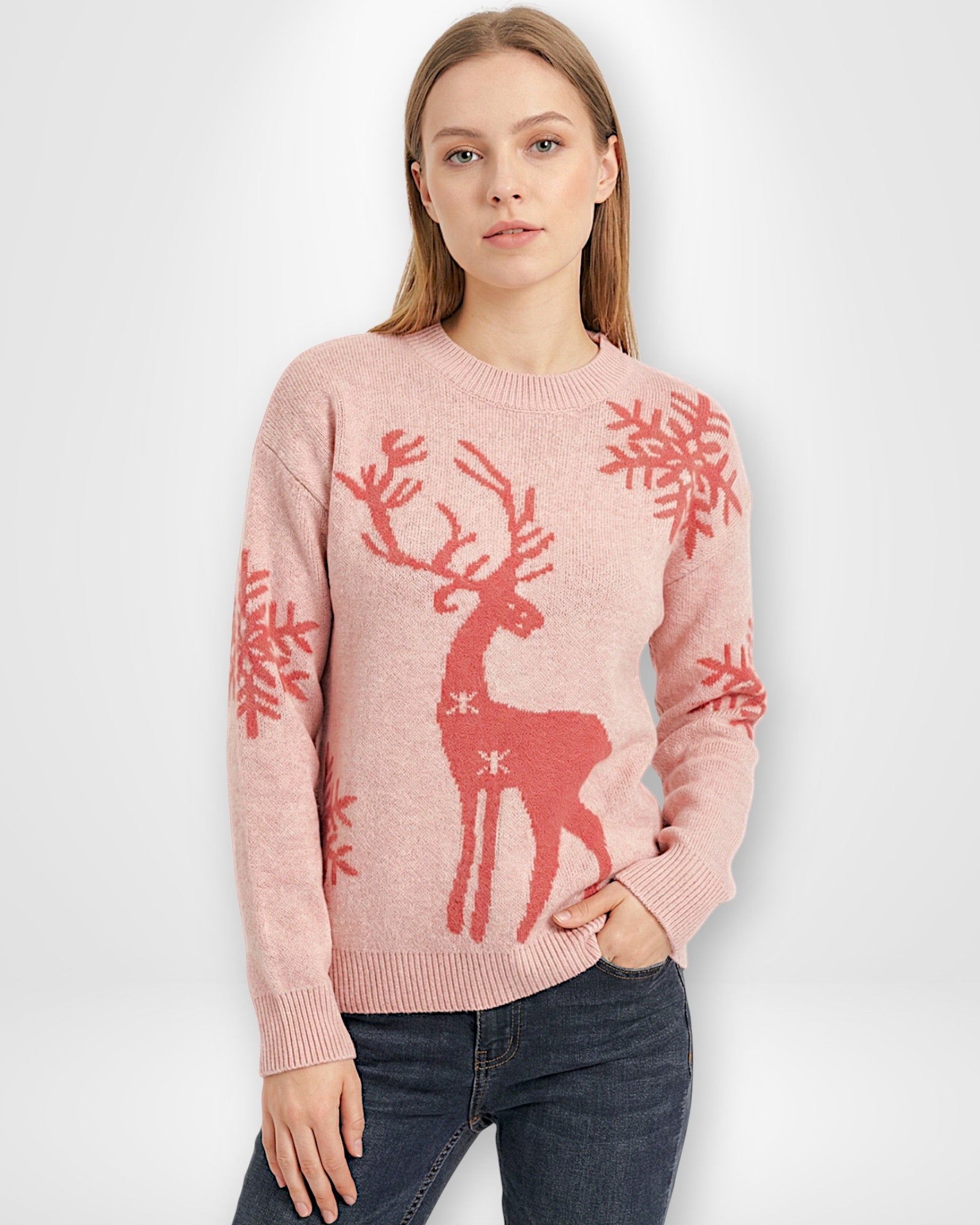 Damen Weihnachts-Pullover mit Rentiermotiv und Rundhalsausschnitt