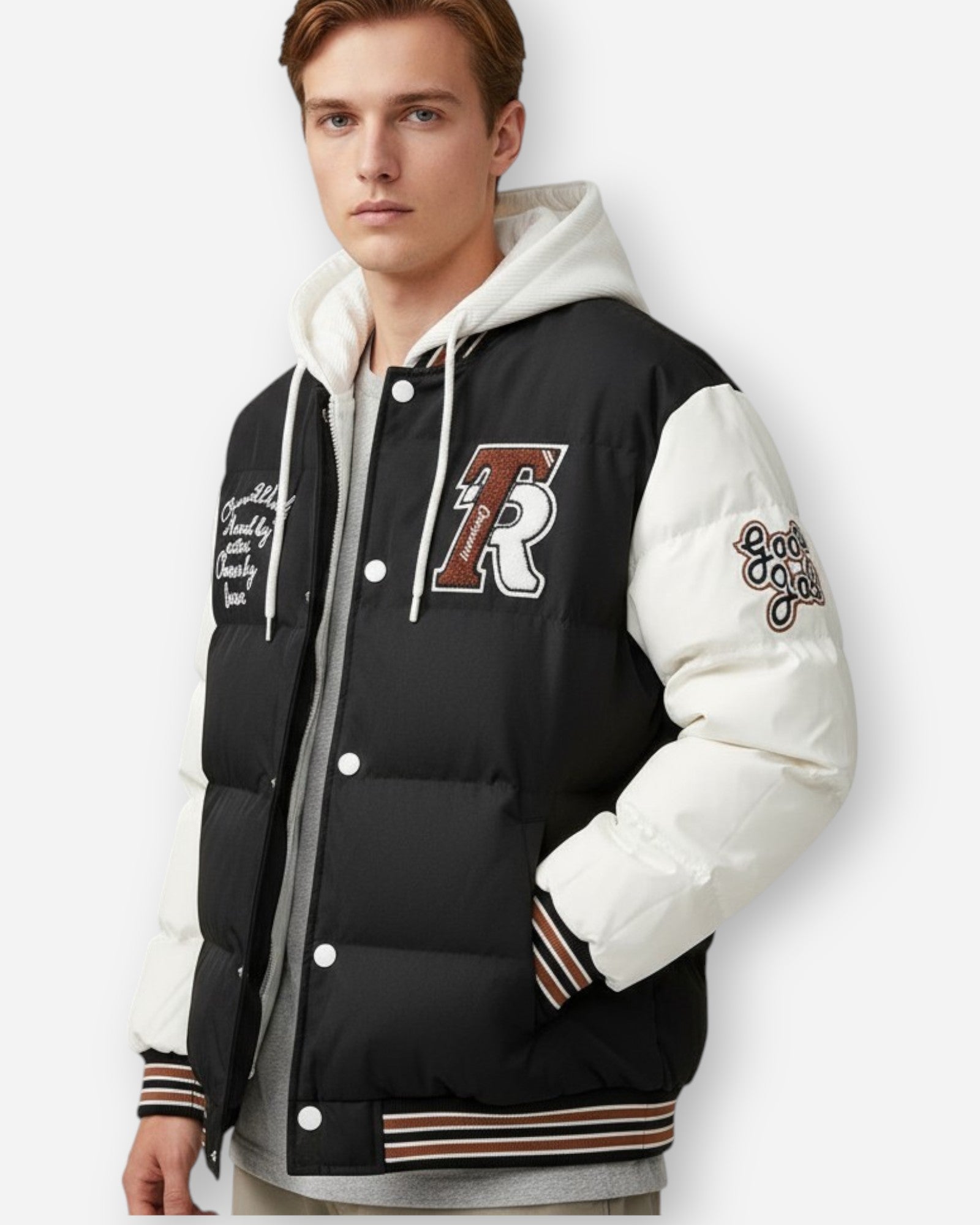 Sportliche Winterjacke für Herren mit Kapuze und gestreiften Bündchen und Saum