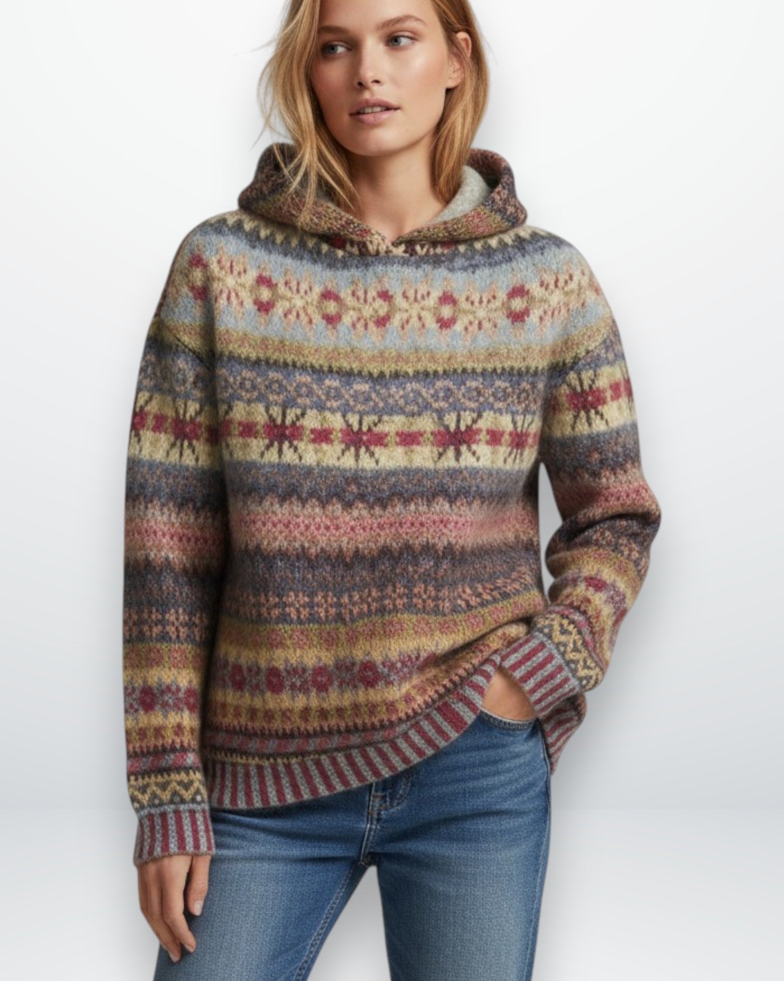 Damenpullover mit Kapuze im Norweger-Muster