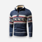 Dunkelblauer Herren-Half-Zip-Pullover mit Stehkragen und farbenfrohem Muster