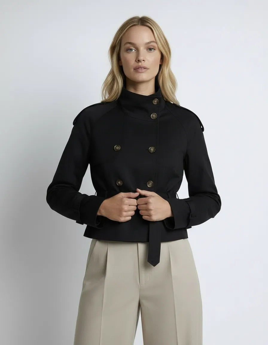 Kurzjacke für Damen im Trenchcoat-Stil mit Taillengürtel und hohem Kragen