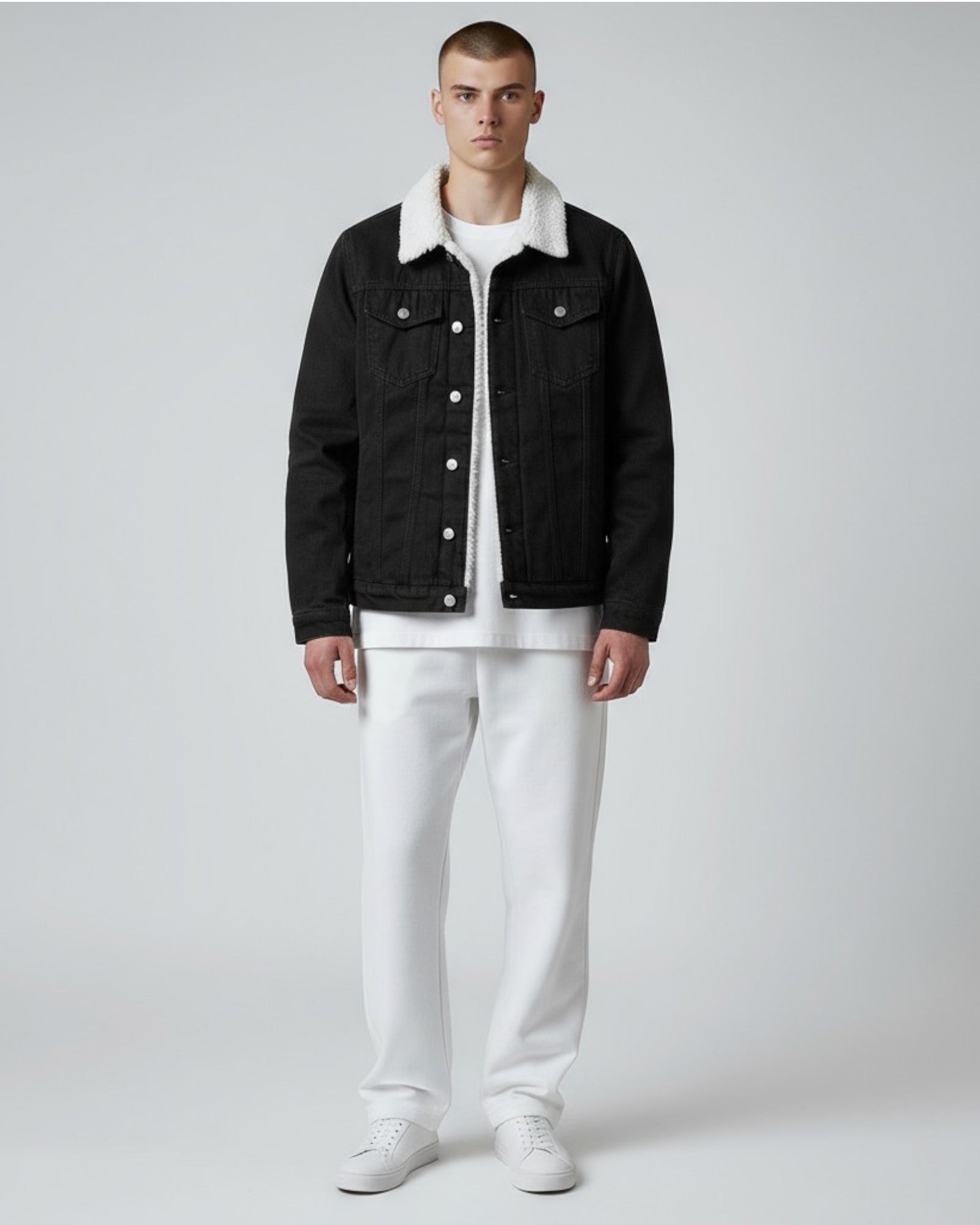 Gefütterte Jeansjacke für Herren mit flauschigem Hemdkragen