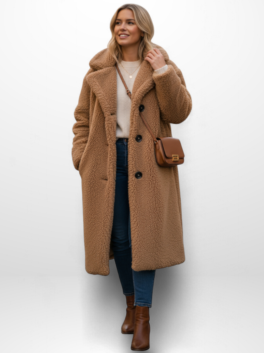 Frau trägt einen braunen, knielangen Teddy-Mantel