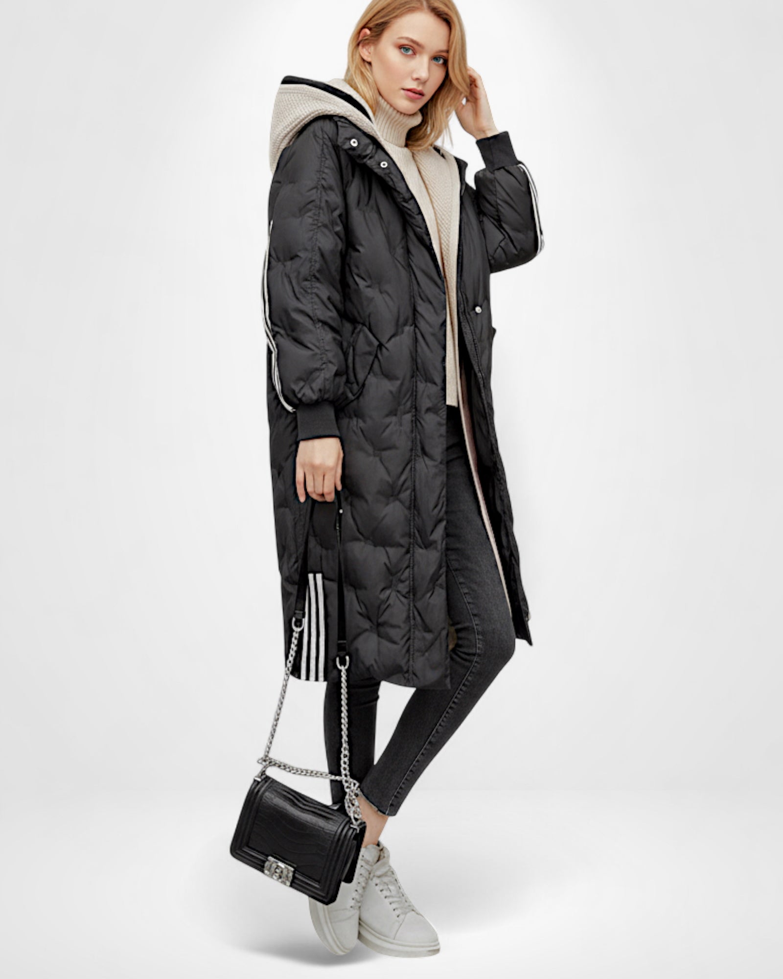 Leichte Lange Steppjacke mit Kapuze für Damen