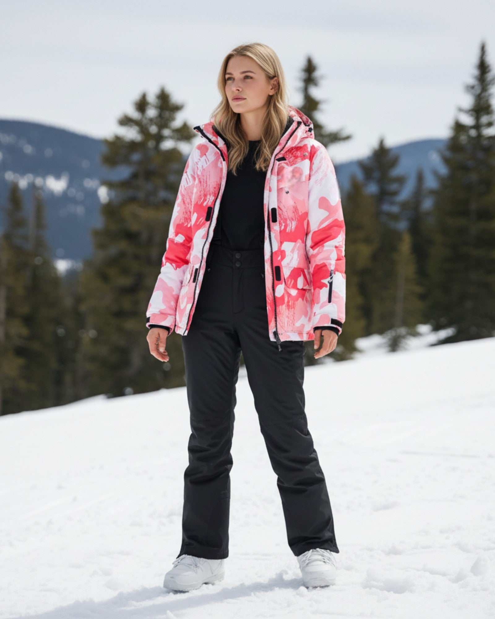 Skianzug für Damen mit rosa Camouflage-Jacke und einfarbiger Hose