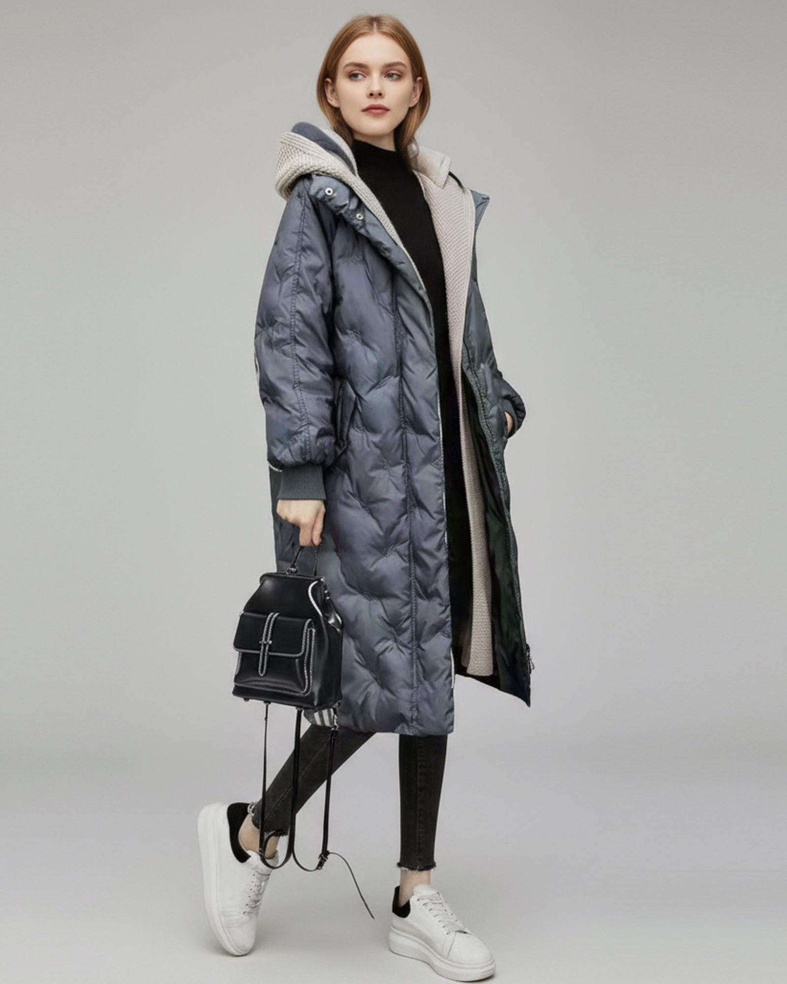 Leichte Lange Steppjacke mit Kapuze für Damen