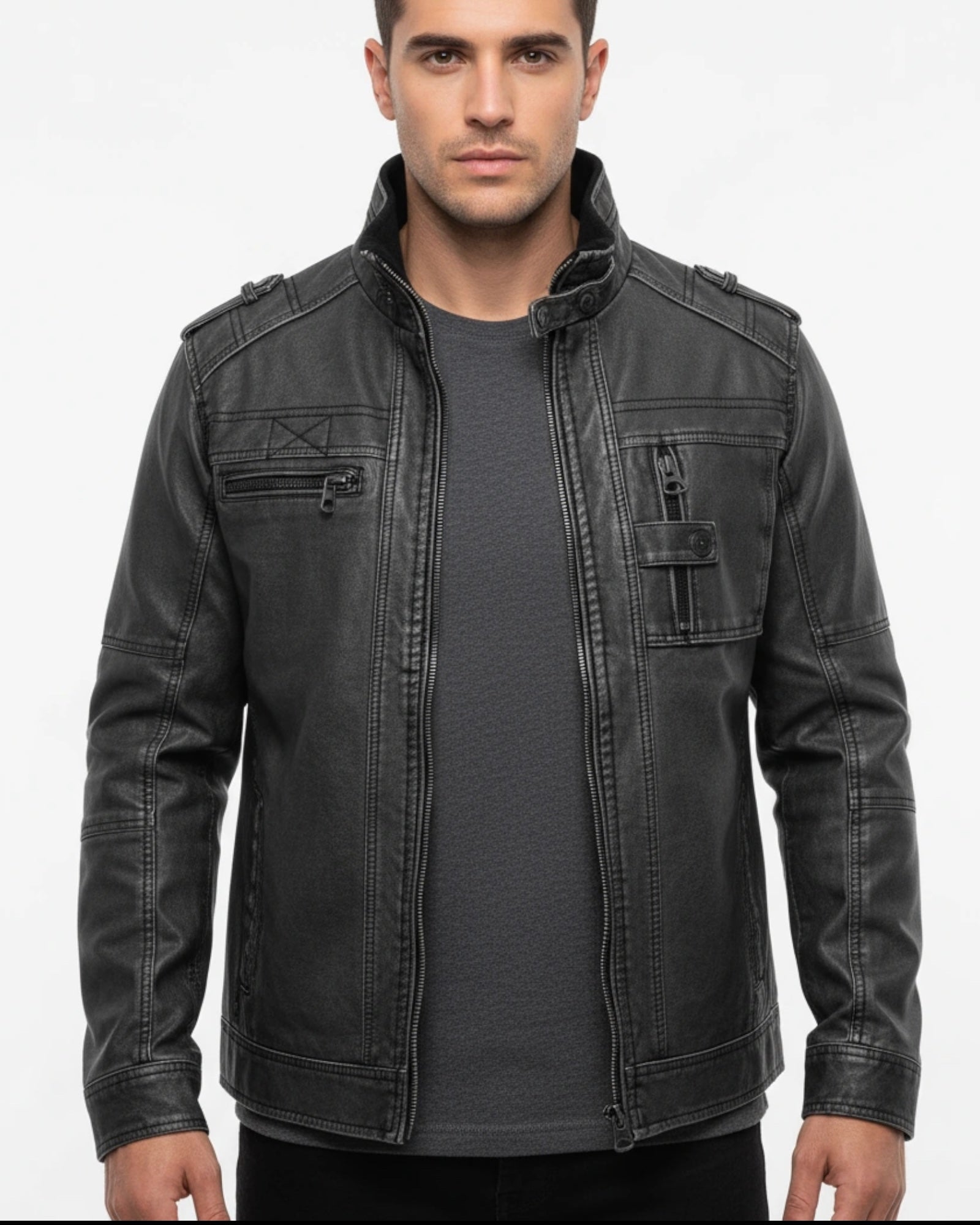 Herren Jacke im Biker-Stil mit Stehkragen und Schulterdetails