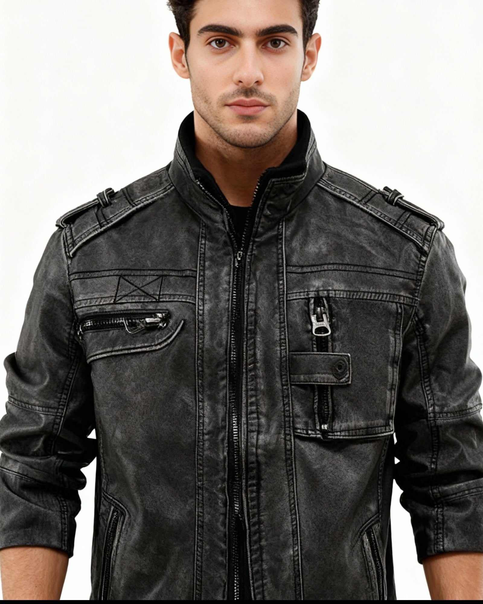 Herren Jacke im Biker-Stil mit Stehkragen und Schulterdetails