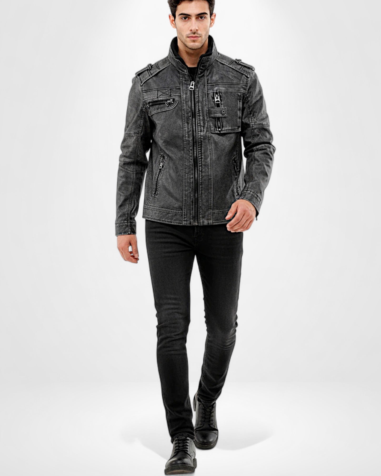 Herren Jacke im Biker-Stil mit Stehkragen und Schulterdetails