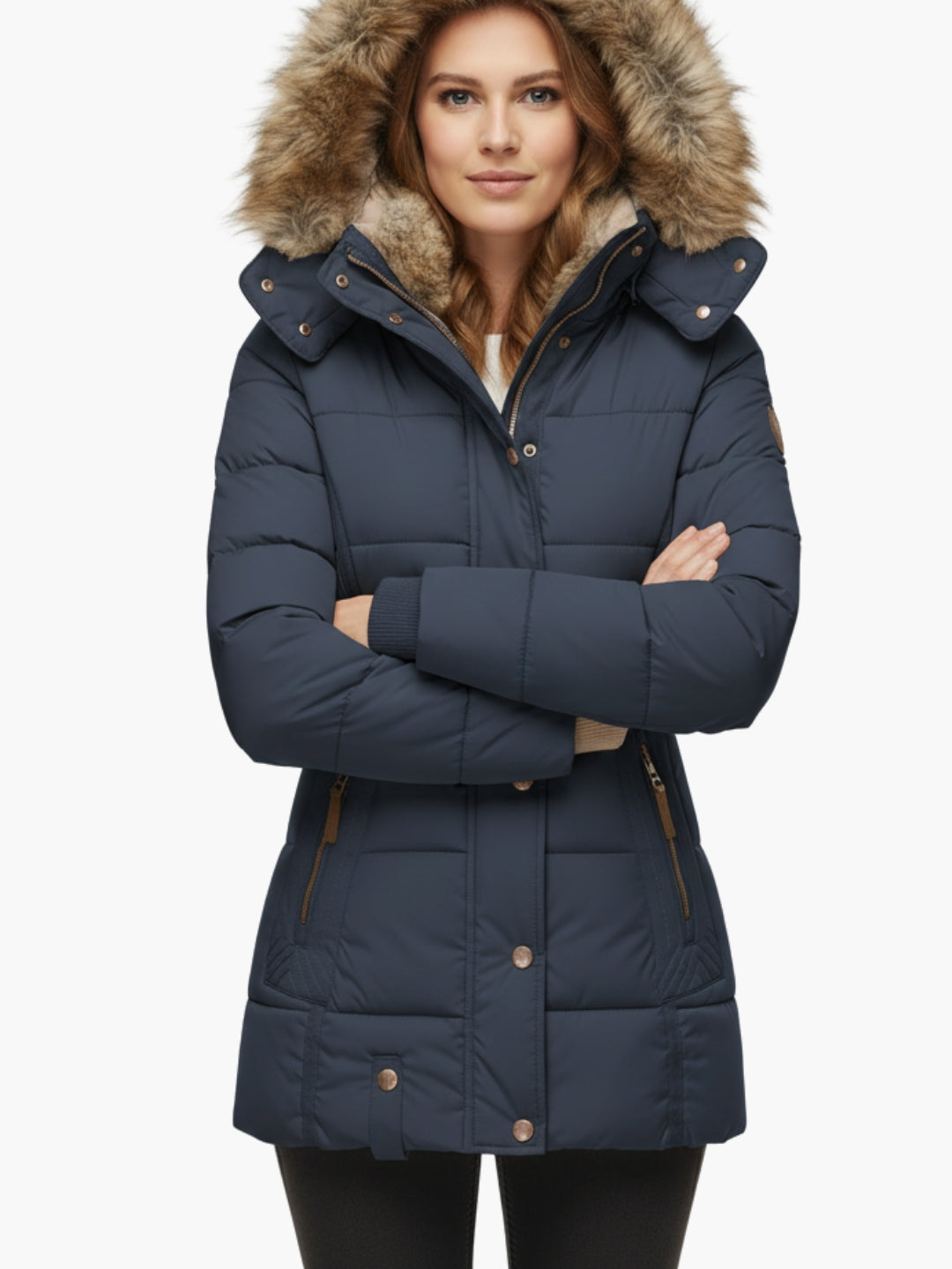 Frau trägt eine marineblaue Steppjacke mit fellgefütterter Kapuze vor weißem Hintergrund