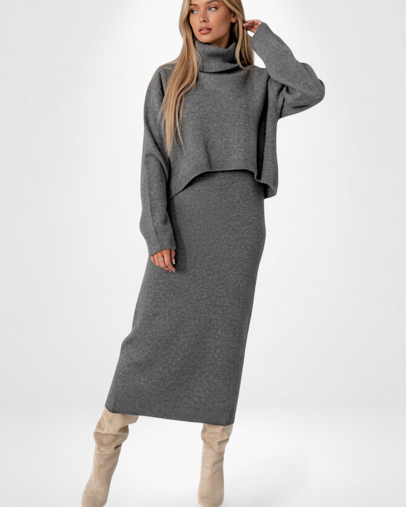 Ärmelloses Maxi Strickkleid mit Cropped Rollkragenpullover | Strickset für Damen