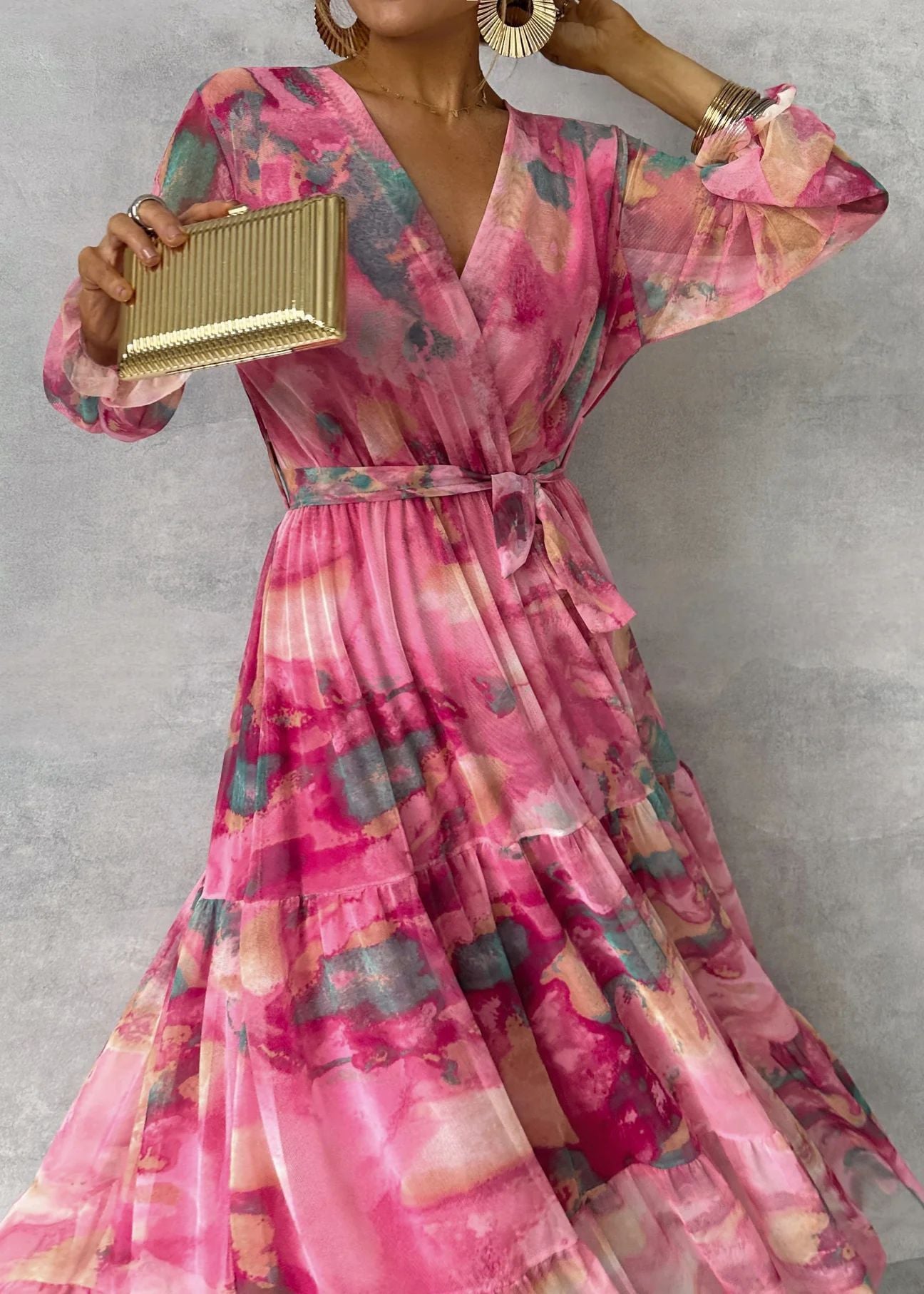 Wickelkleid Damen langarm mit Bindegürtel und Blumendruck | Maxi