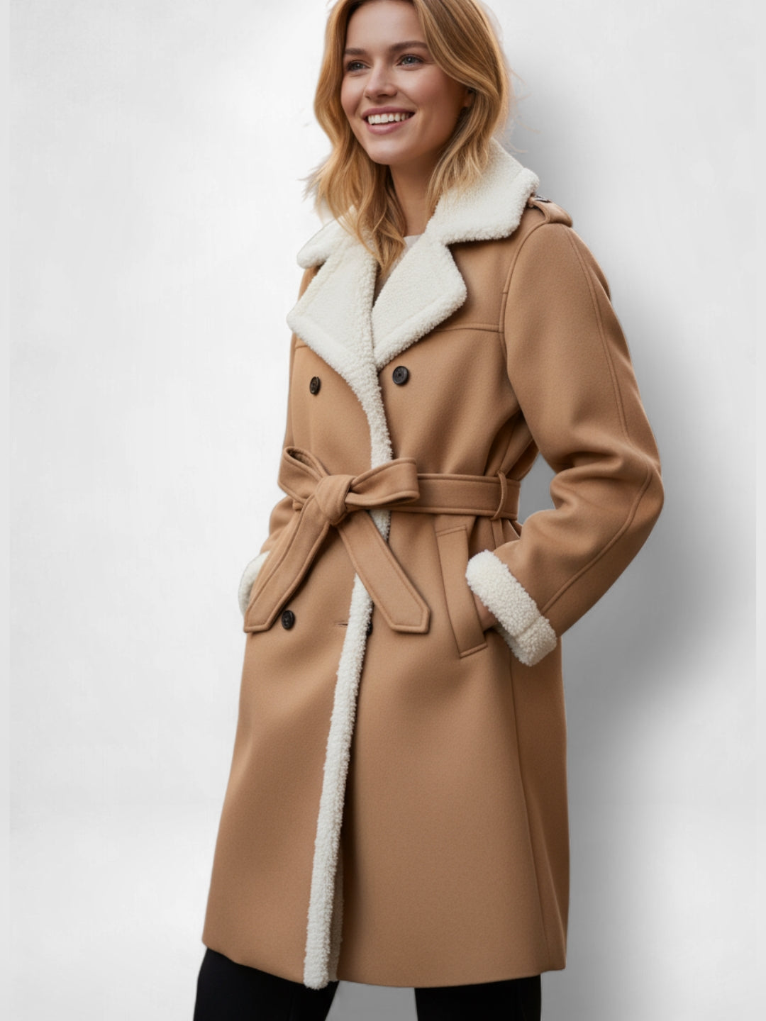 Frau trägt einen taillierten Wintermantel mit Gürtel vor weißem Hintergrund