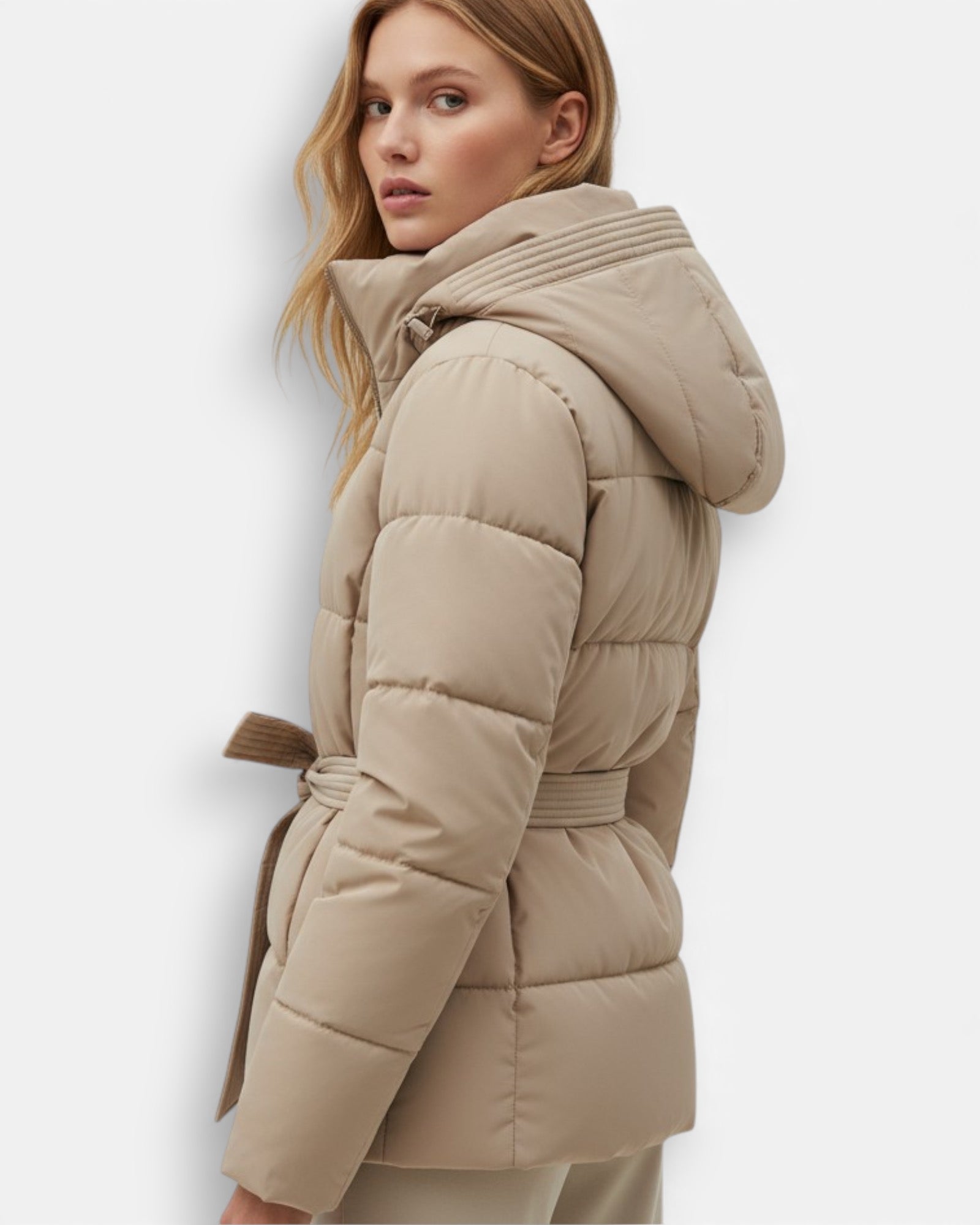 Damen Pufferjacke mit Gürtel und Kapuze