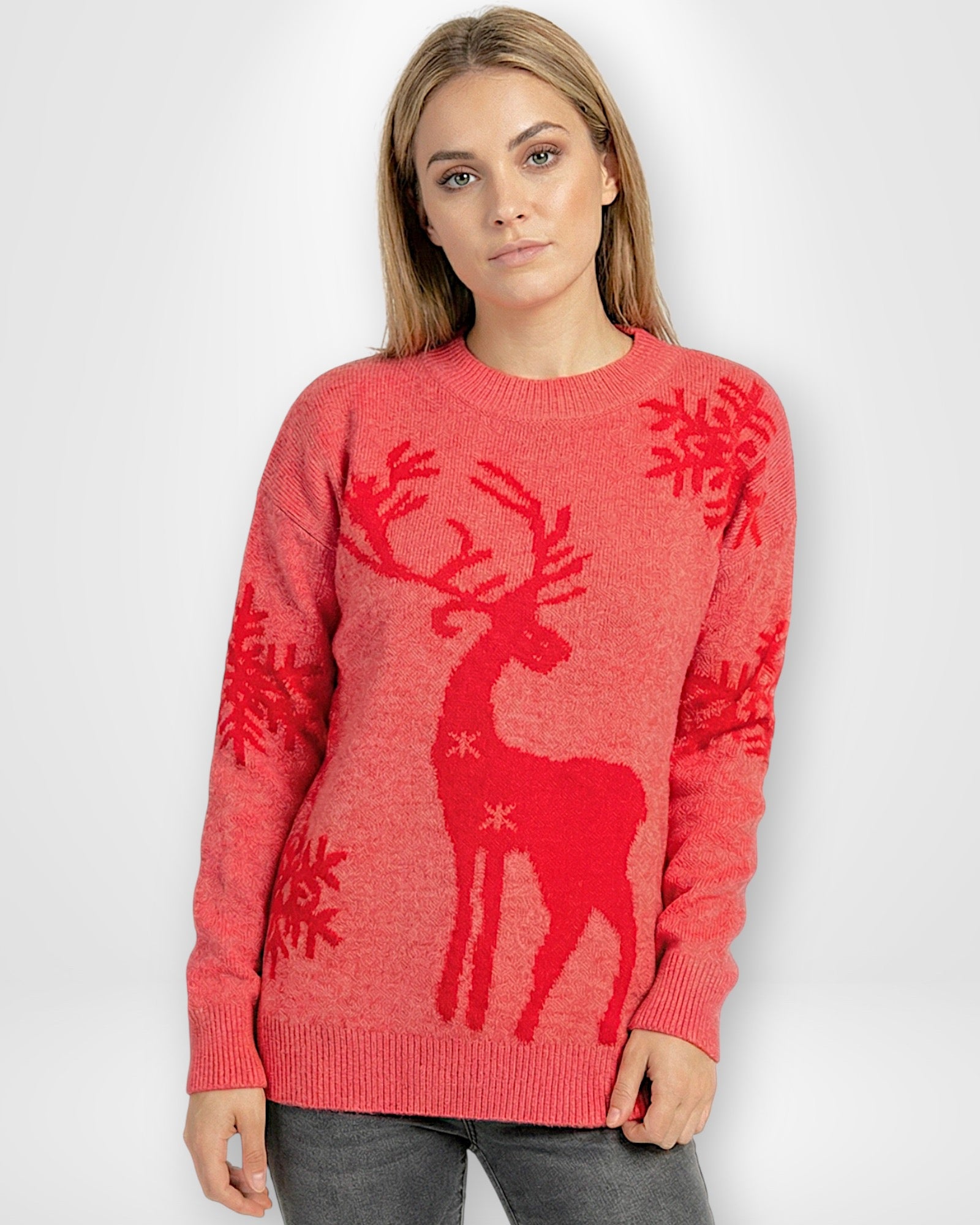 Damen Weihnachts-Pullover mit Rentiermotiv und Rundhalsausschnitt