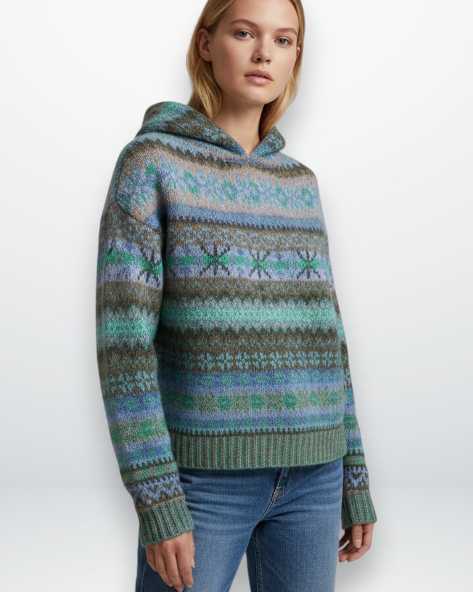 Damenpullover mit Kapuze im Norweger-Muster