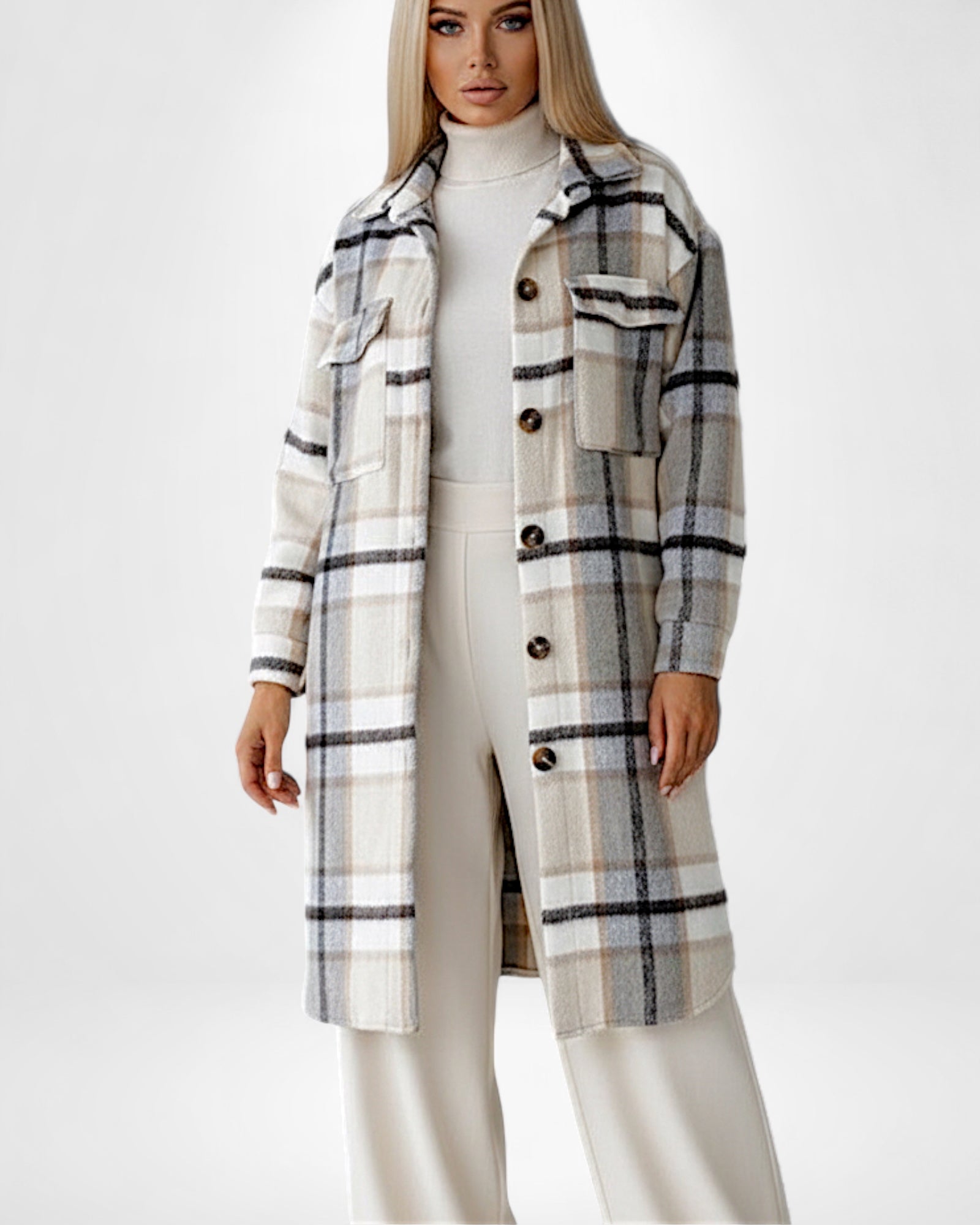 Langer Damen Wintermantel mit Karomuster