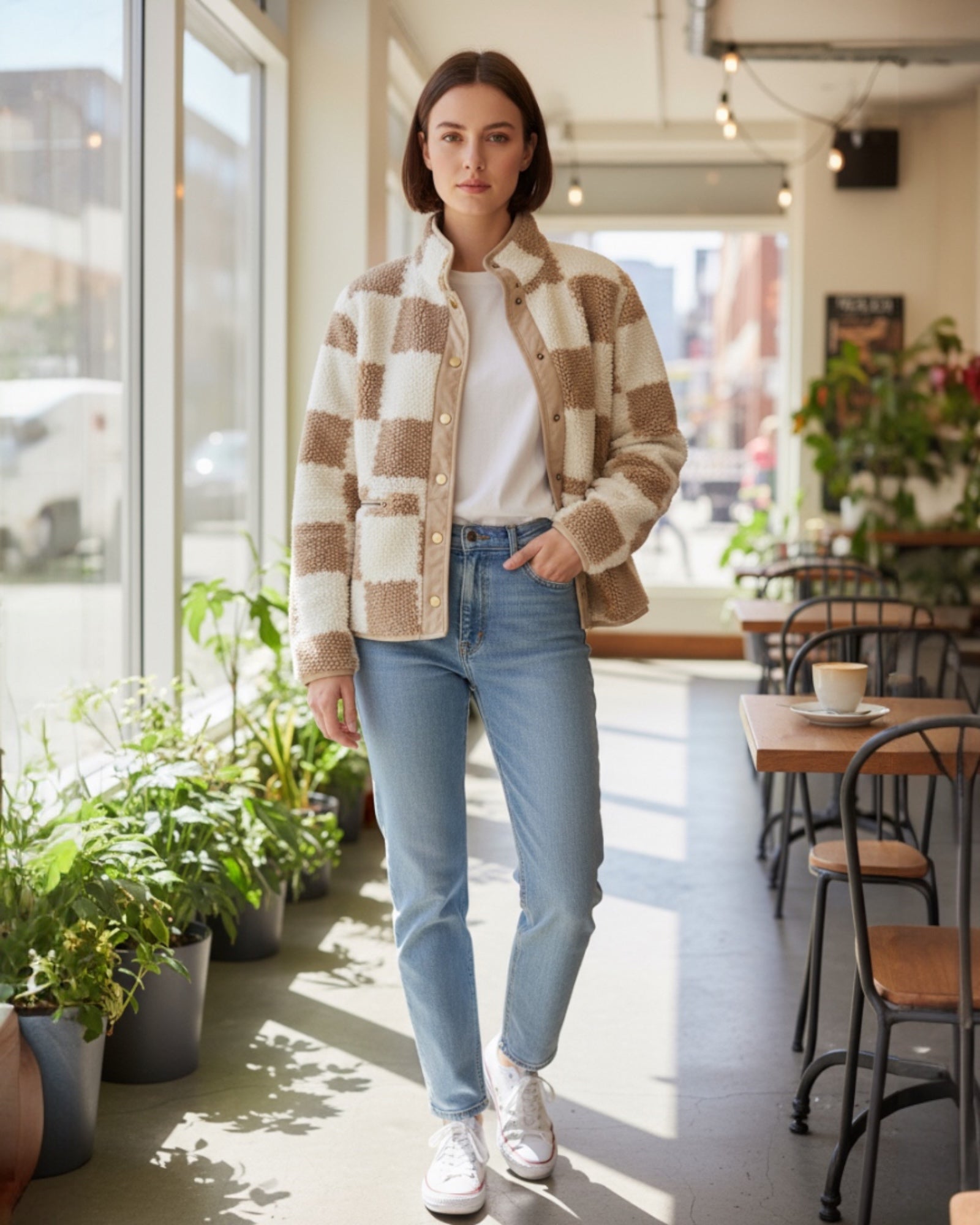 Frau trägt eine karierte Fleecejacke und Jeans in einem Café