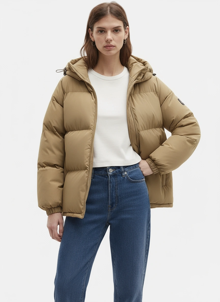 Frau trägt eine einfarbige Pufferjacke