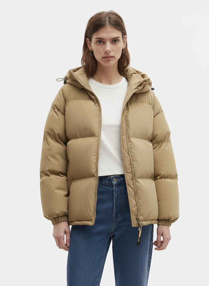 Frau trägt eine Puffer-Winterjacke vor weißem Hintergrund