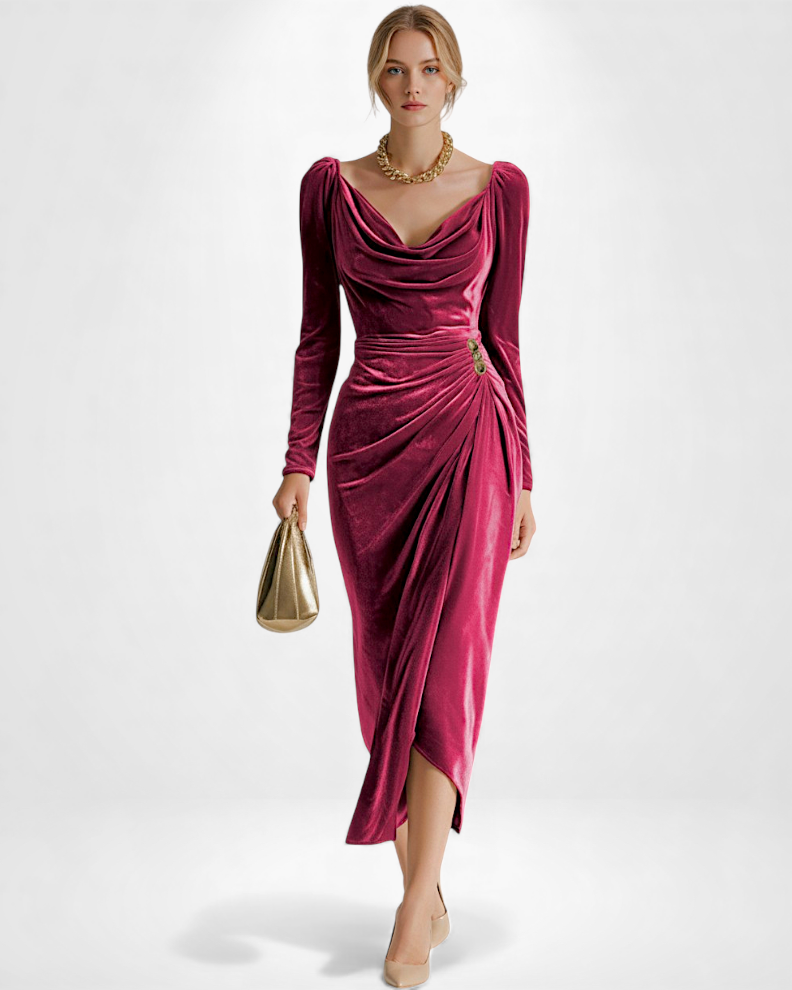 Langarm Samtkleid mit Drapiertem Ausschnitt und Schlitz - Midi