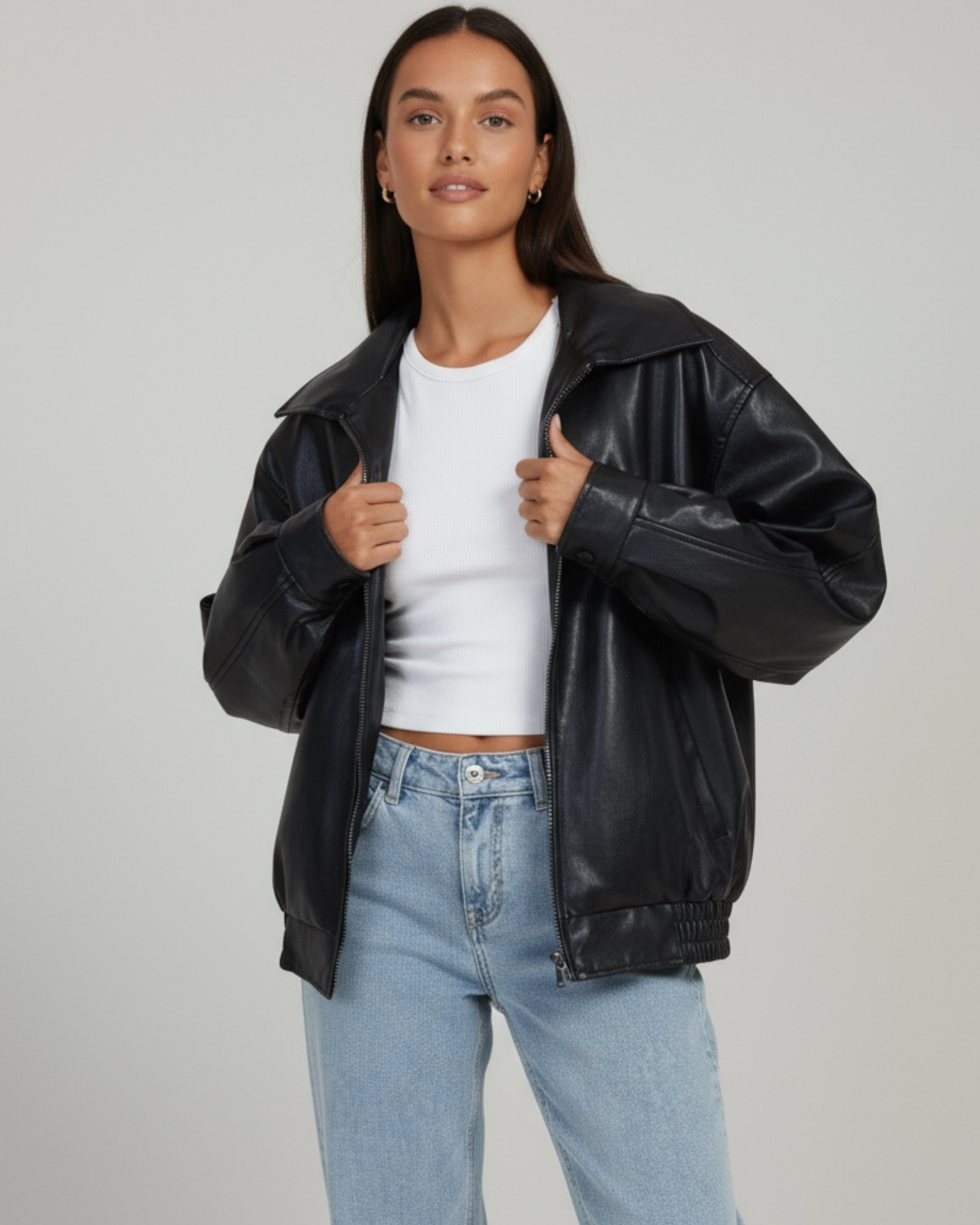 Moderne Oversized Jacke für Damen mit breitem Blazerkragen und elastischem Saum
