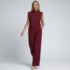 Weites Set im Jumpsuit Design mit Kurzarm Oberteil und Hohem Kragen