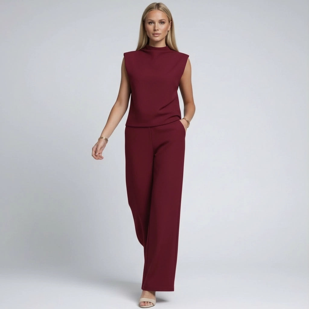 Weites Set im Jumpsuit Design mit Kurzarm Oberteil und Hohem Kragen