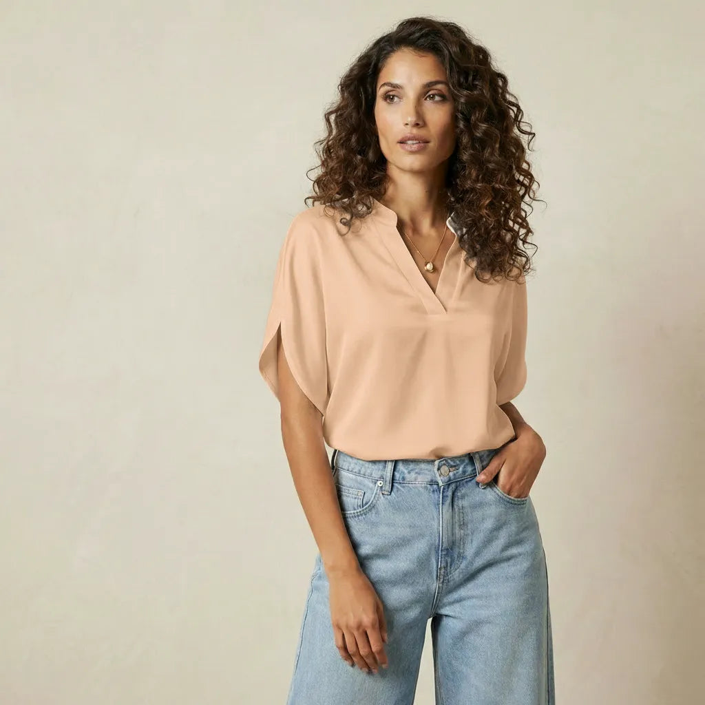 Kurzarm Bluse für Damen mit V-Ausschnitt und geradem Schnitt