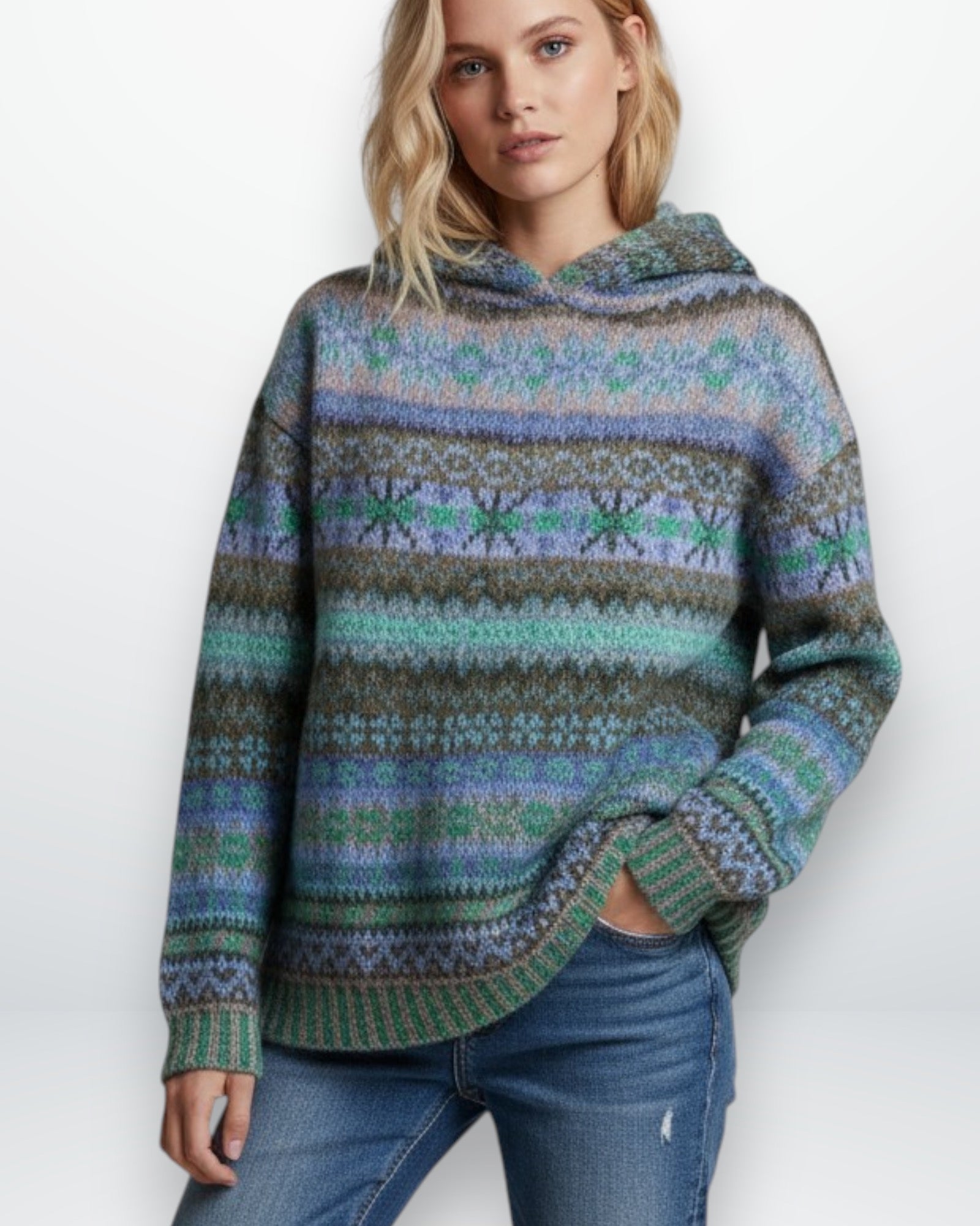 Damenpullover mit Kapuze im Norweger-Muster