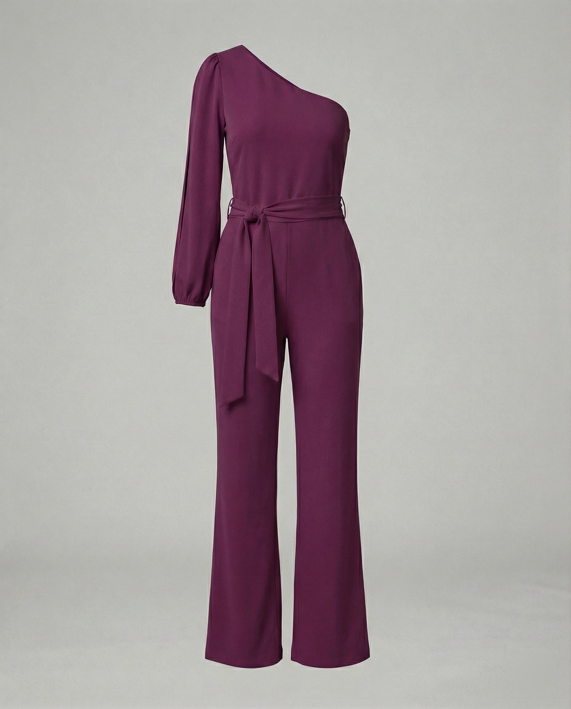 Eleganter Damen Jumpsuit im One Shoulder Schnitt mit Bindegürtel und weitem Bein
