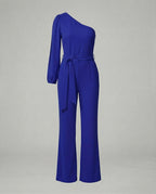 Eleganter Damen Jumpsuit im One Shoulder Schnitt mit Bindegürtel und weitem Bein