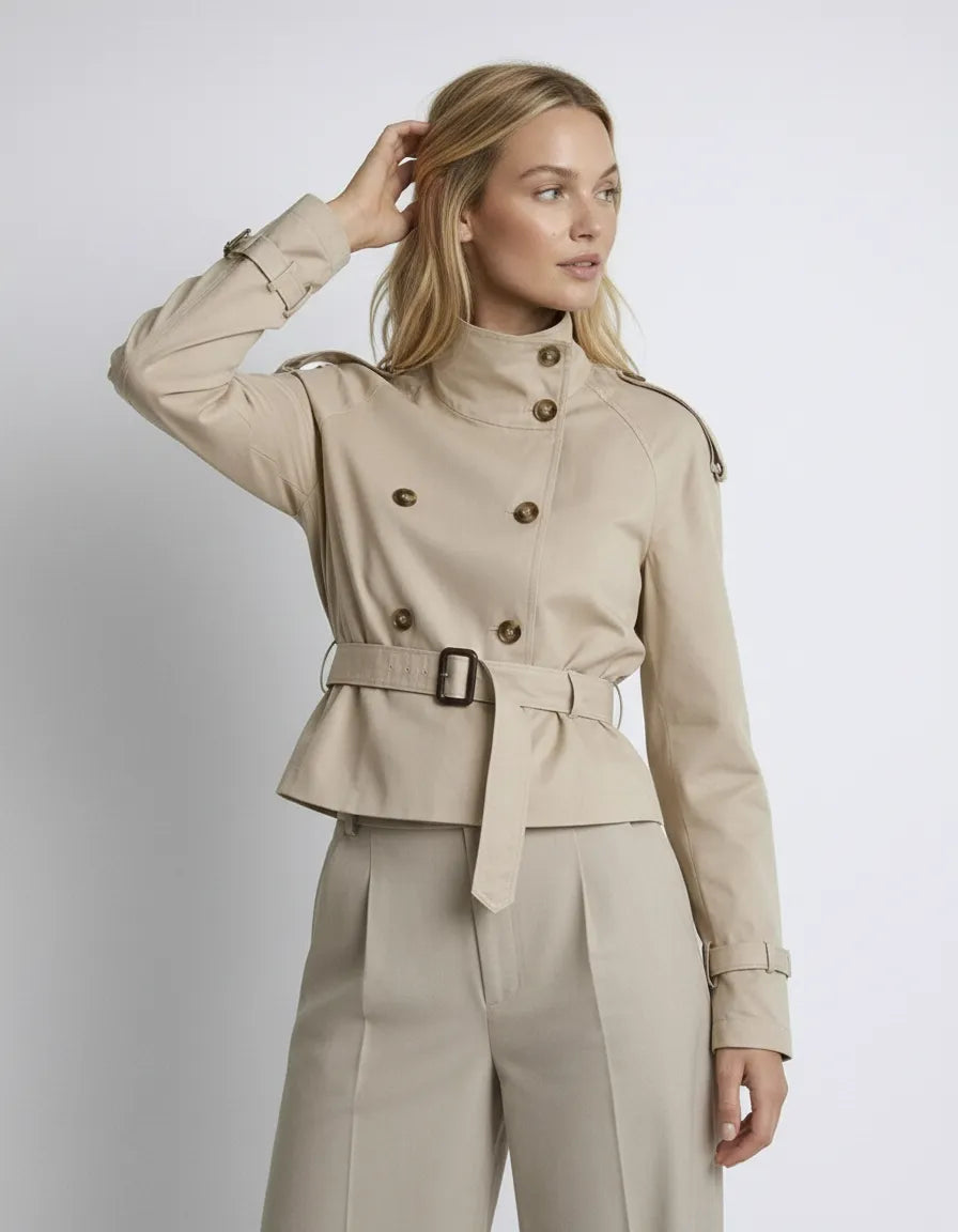 Kurzjacke für Damen im Trenchcoat-Stil mit Taillengürtel und hohem Kragen