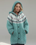 Damen Strickjacke mit Kapuze und Knöpfen - lang