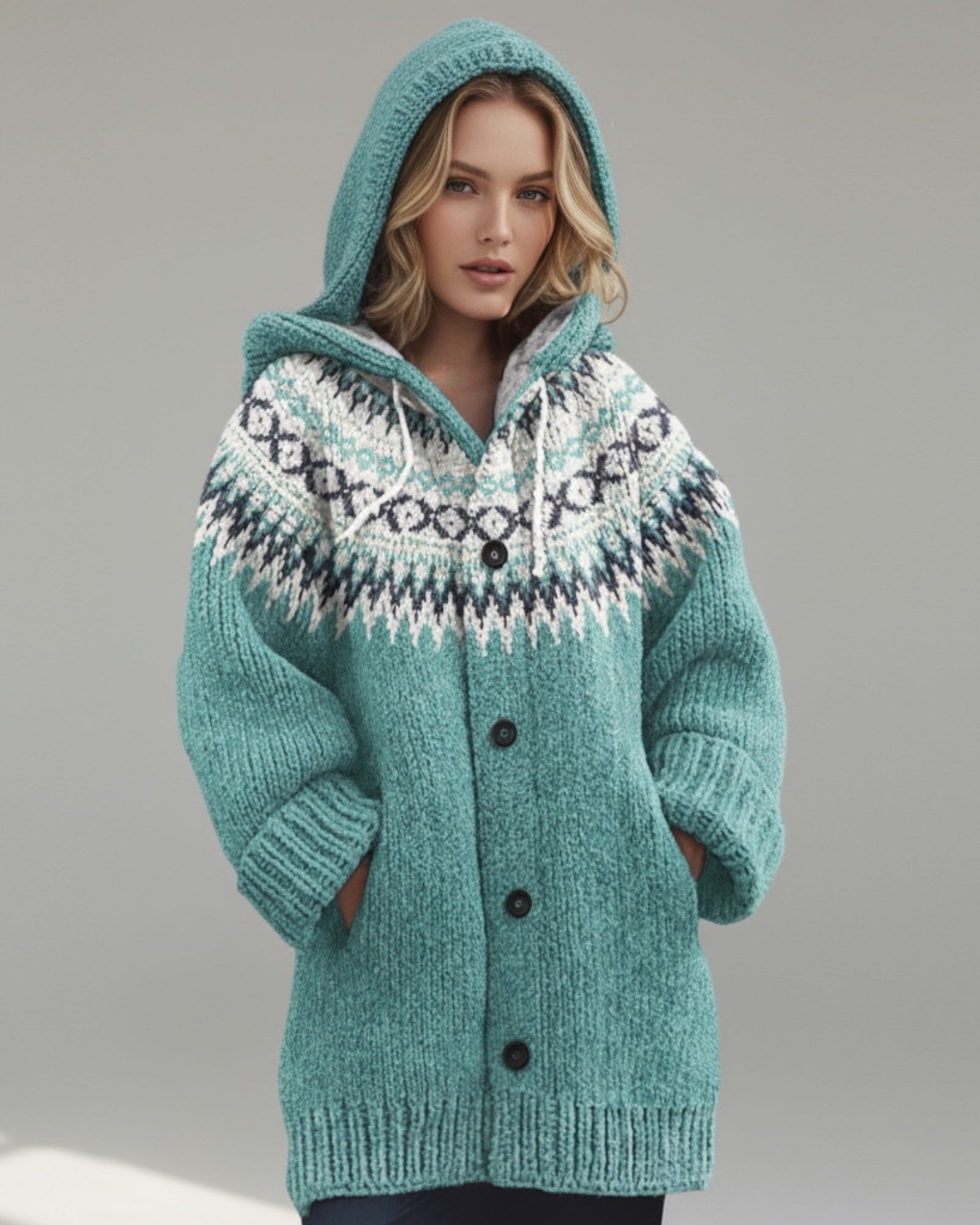 Damen Strickjacke mit Kapuze und Knöpfen - lang