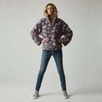 Bunter Oversize Teddy Pullover für Damen mit kurzem Reißverschluss und Stehkragen