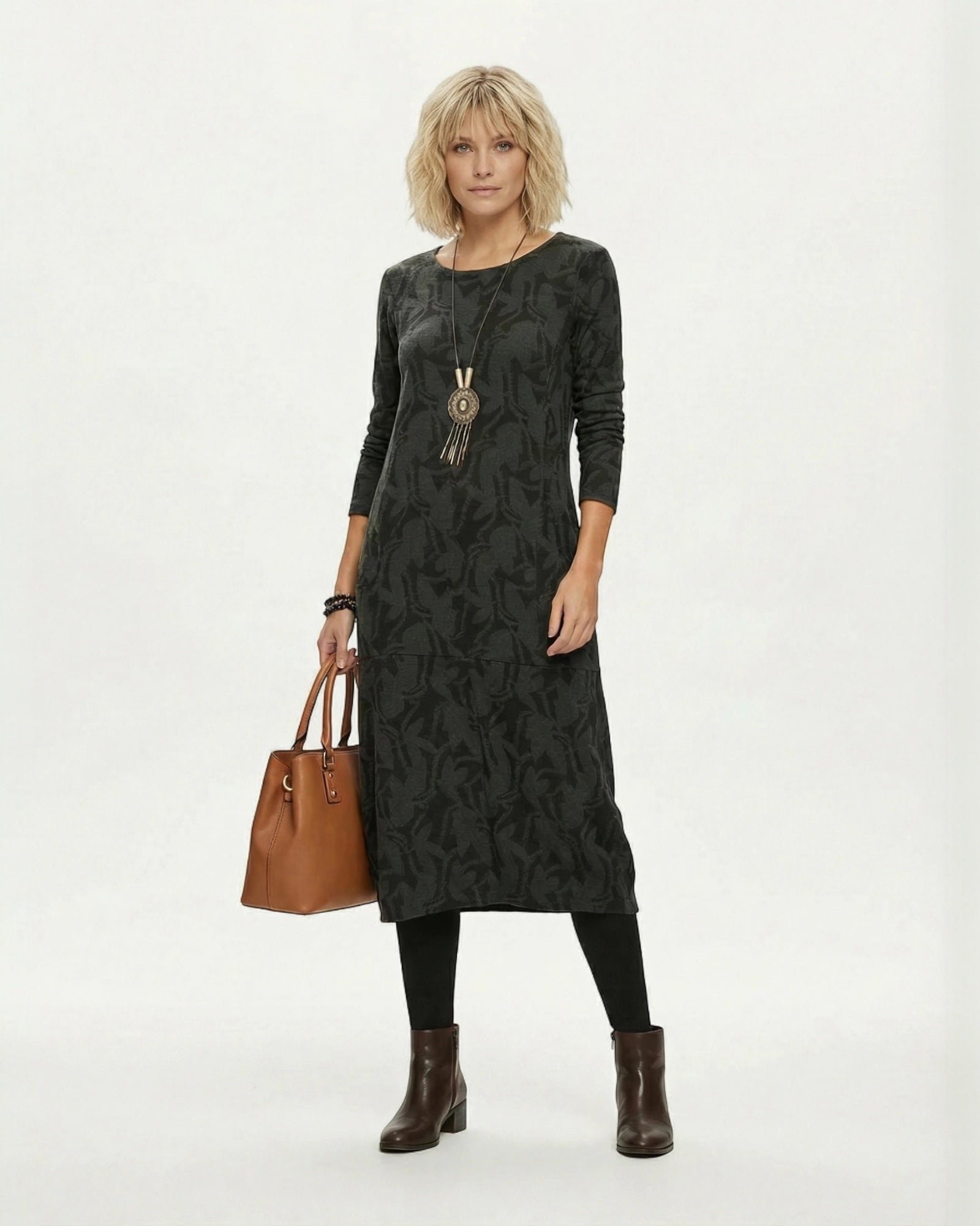 Langarmiges Winter Midi Strickkleid mit bedrucktem Muster