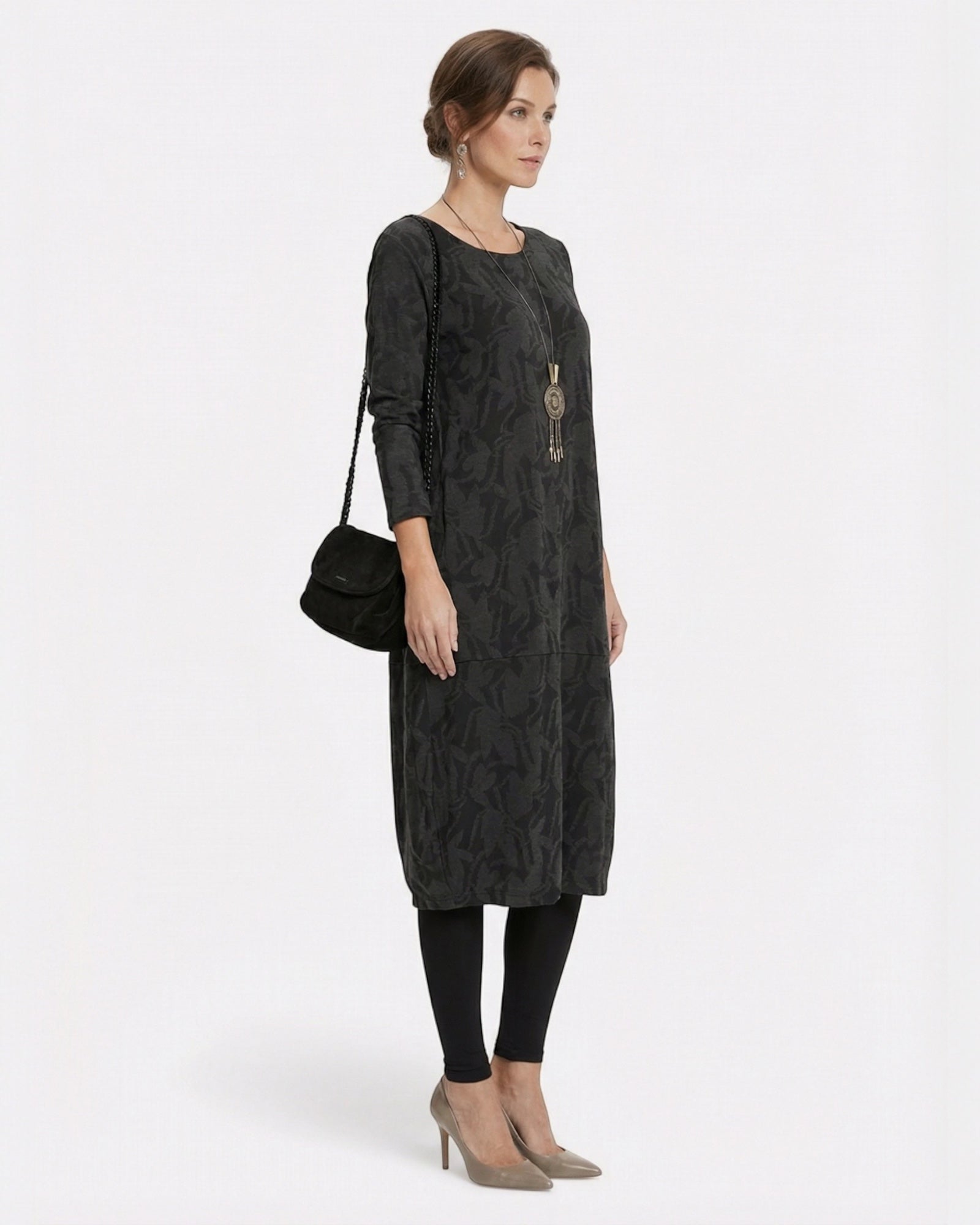 Langarmiges Winter Midi Strickkleid mit bedrucktem Muster