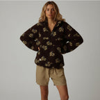 Bunter Oversize Teddy Pullover für Damen mit kurzem Reißverschluss und Stehkragen
