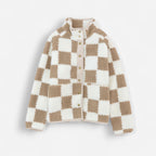Beige-weiß karierte Sherpa-Fleecejacke