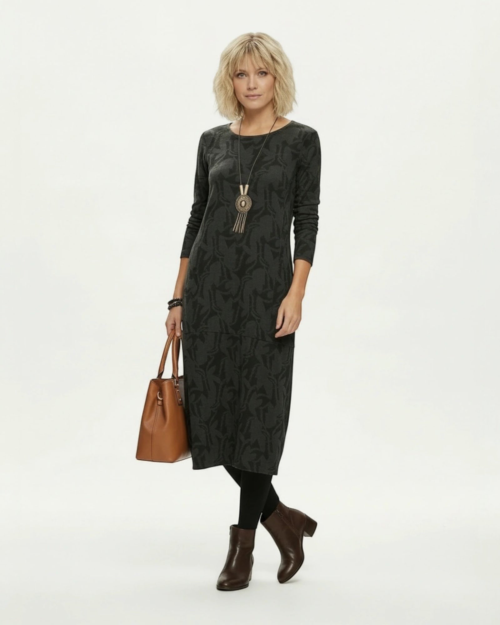 Langarmiges Winter Midi Strickkleid mit bedrucktem Muster