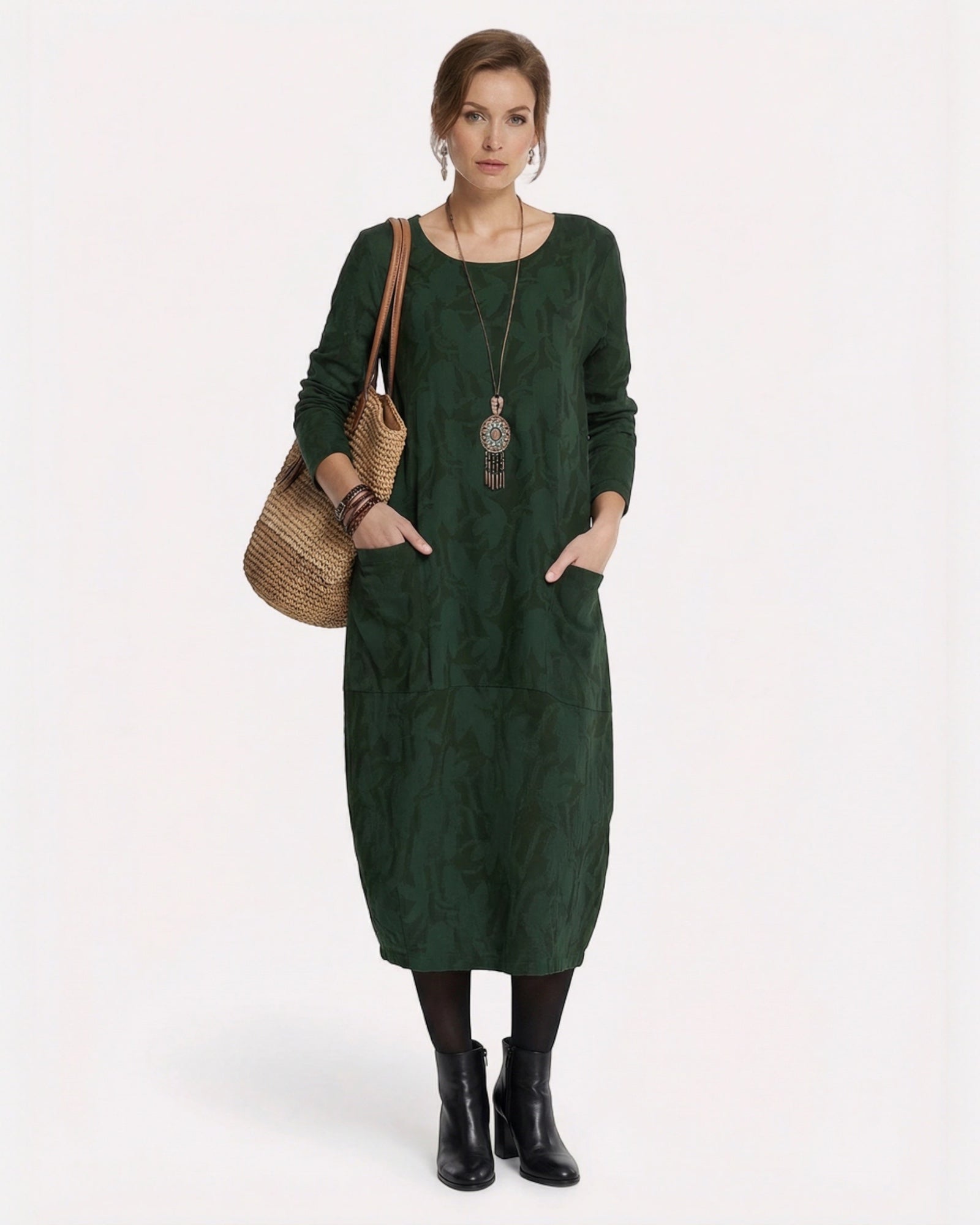 Langarmiges Winter Midi Strickkleid mit bedrucktem Muster