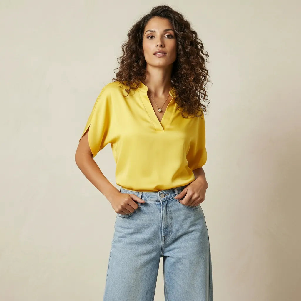 Kurzarm Bluse für Damen mit V-Ausschnitt und geradem Schnitt