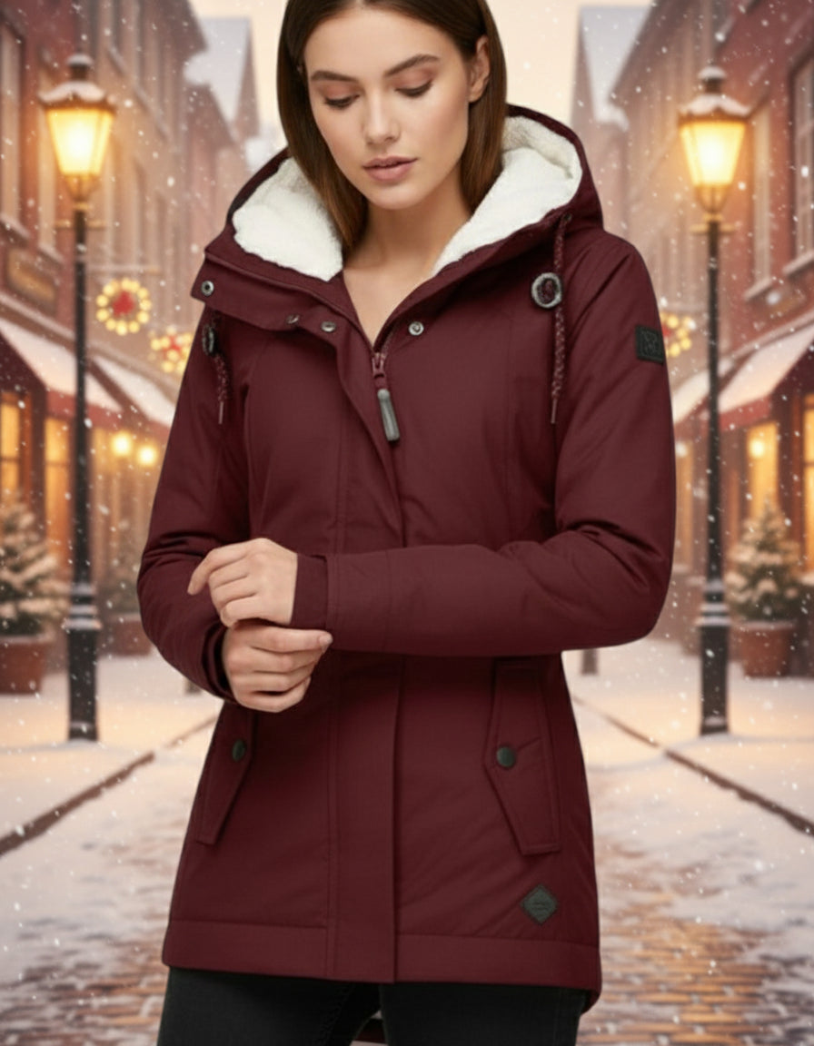 Frau trägt eine warme Winterjacke mit Kapuze und weichem Futter in Burgunder in winterlicher Stadtumgebung bei gemütlicher Atmosphäre