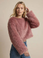 Cropped flauschiger Strickpullover für Damen mit weiten Ärmeln und U-Boot-Ausschnitt